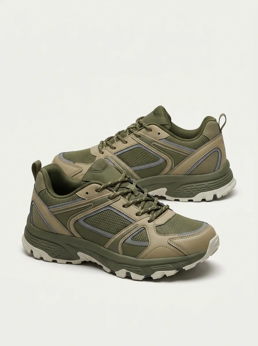 Lace-Up Hiking-Inspired Mesh-Panel Casual Sneakers
