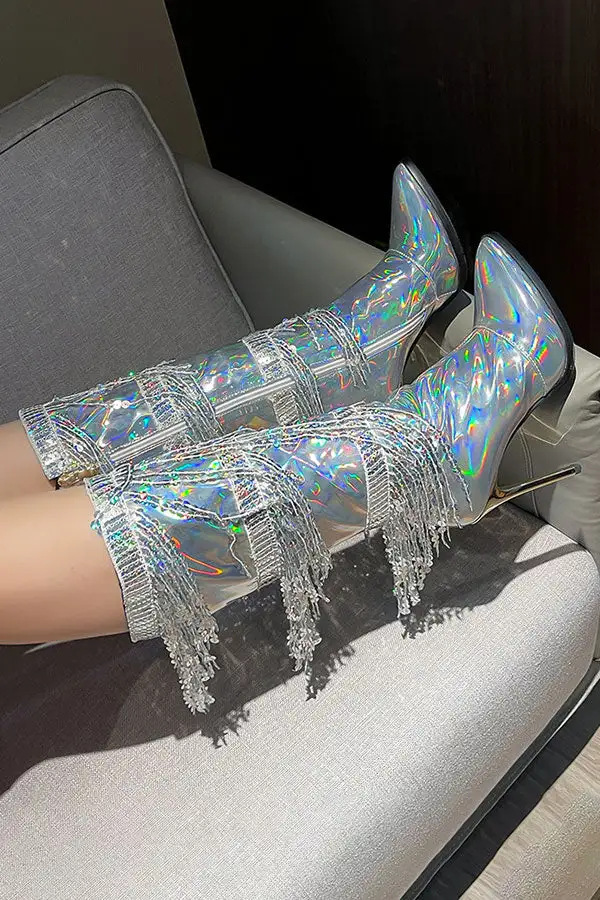Tiered Sequined Tassel Patent Leather Boots