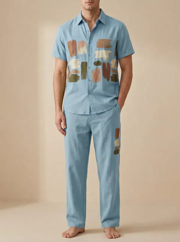Men's Abstract Brushstroke Printed Casual Lounge Set