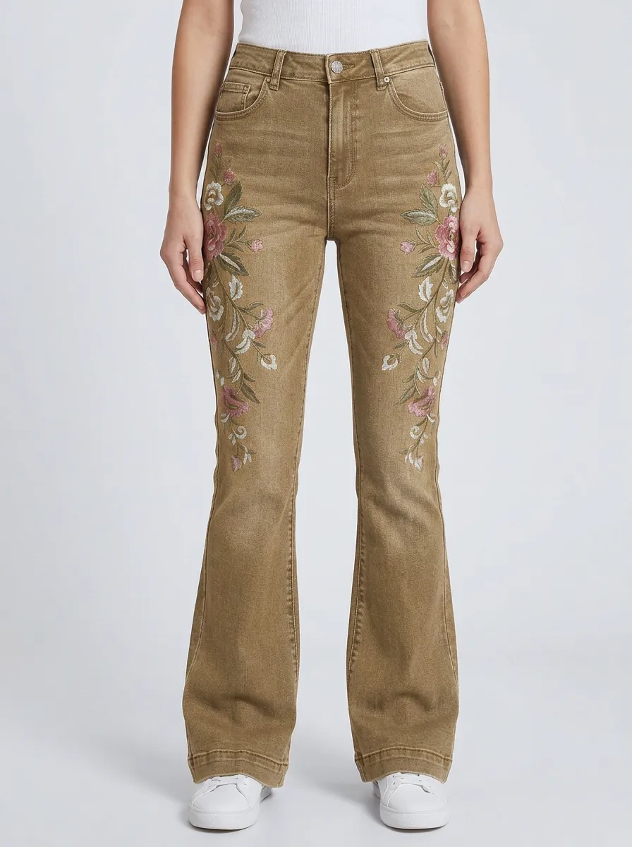 Women's Floral Embroidery Vintage Wash Embroidered Flare Jeans