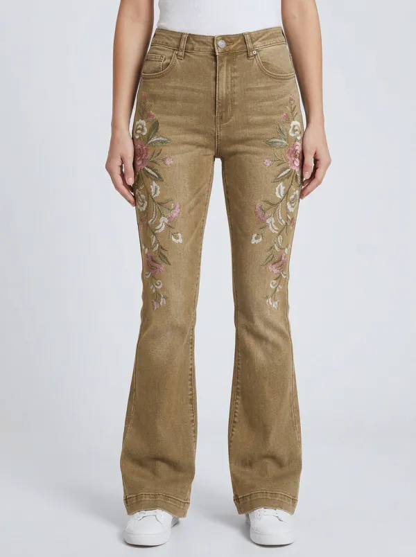 Women's Floral Embroidery Vintage Wash Embroidered Flare Jeans