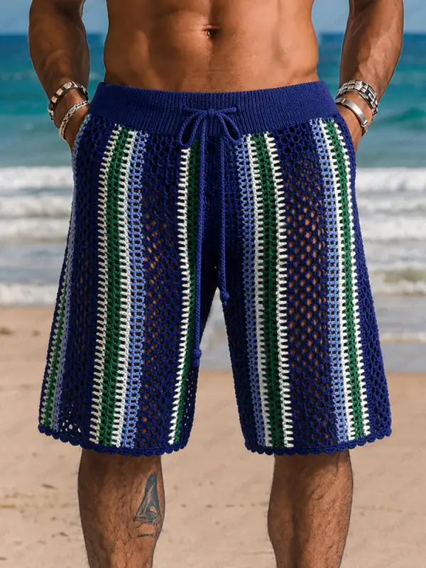 Resort Contrast Color Stripe Knit Braided Shorts