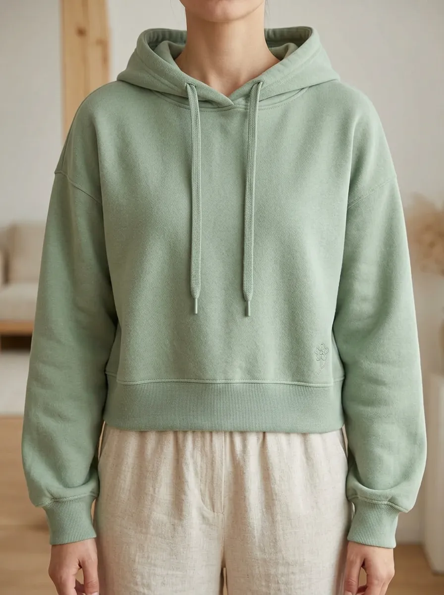 Women's Minimalist Sage Green Small Flower Embroidered Hoodie