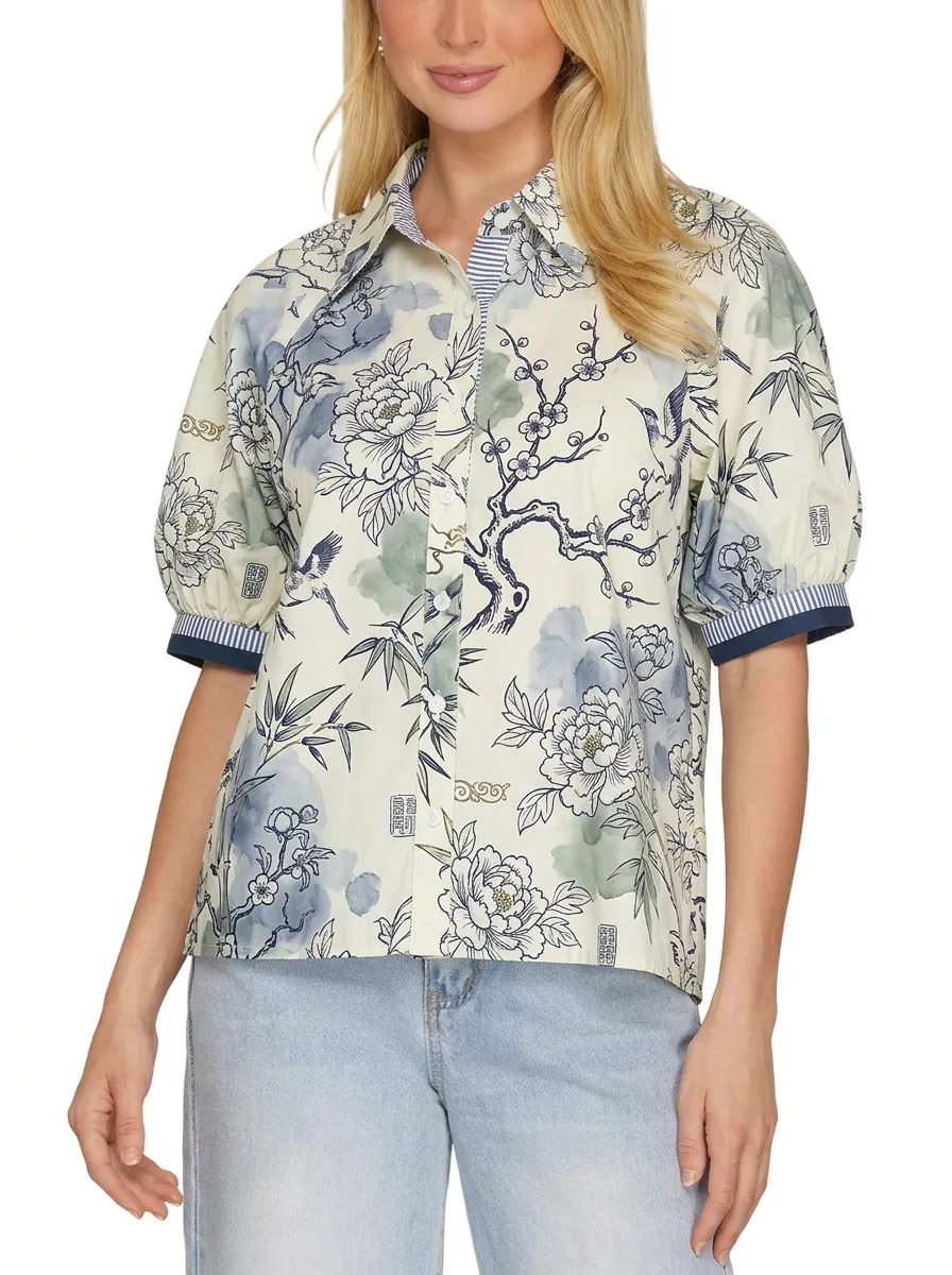 Women's Oriental Floral Bird Ink Wash Printed Blouse
