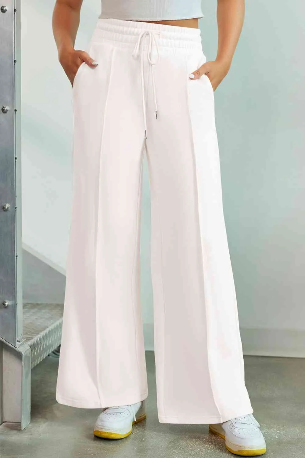 Polished Drawstring Wide Leg Pants With Pocket