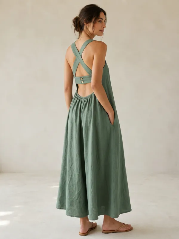 Women's Button-Detail Cross-Back Linen Maxi Backless Dress
