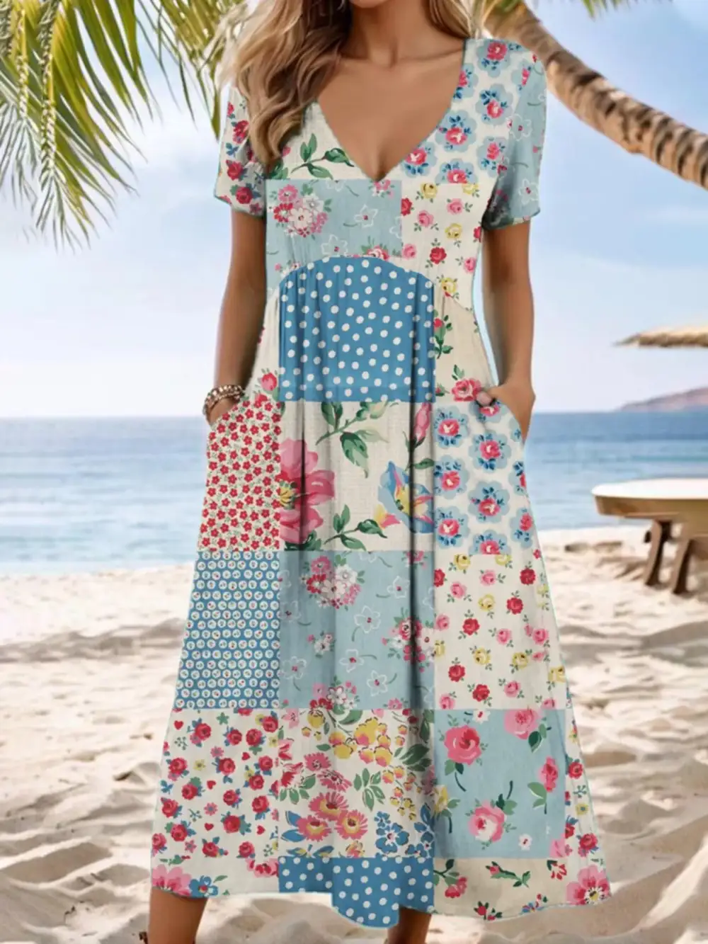 Floral V Neck Midi Dress