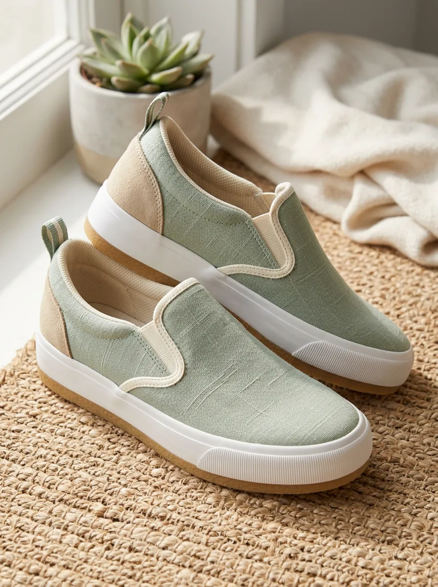 Women's Sage Green Minimalist Textured Canvas Printed Slip-on Shoes