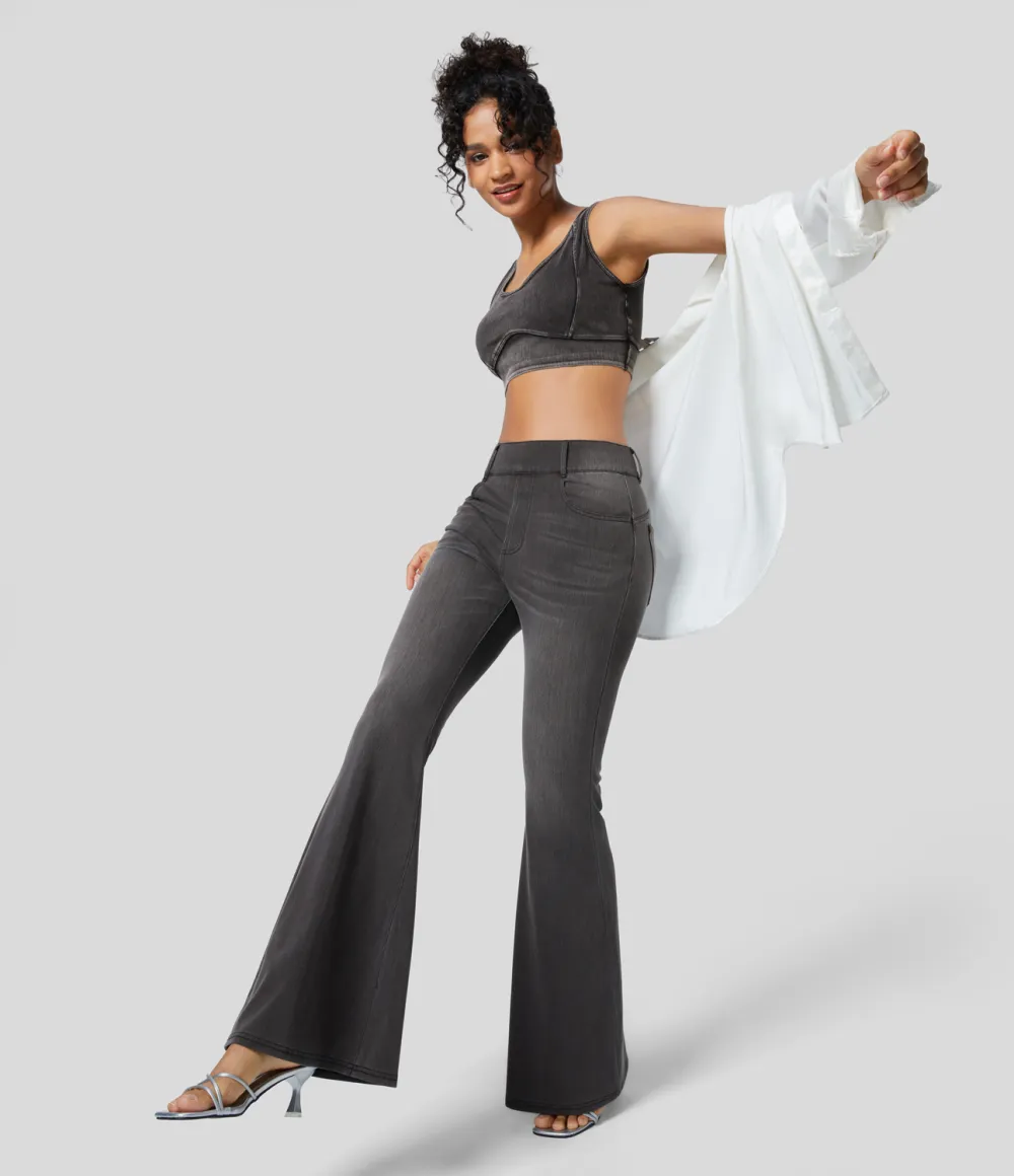 Magic High Waisted Multiple Pockets Stretchy Knit Denim Work Full Length Flare Leggings