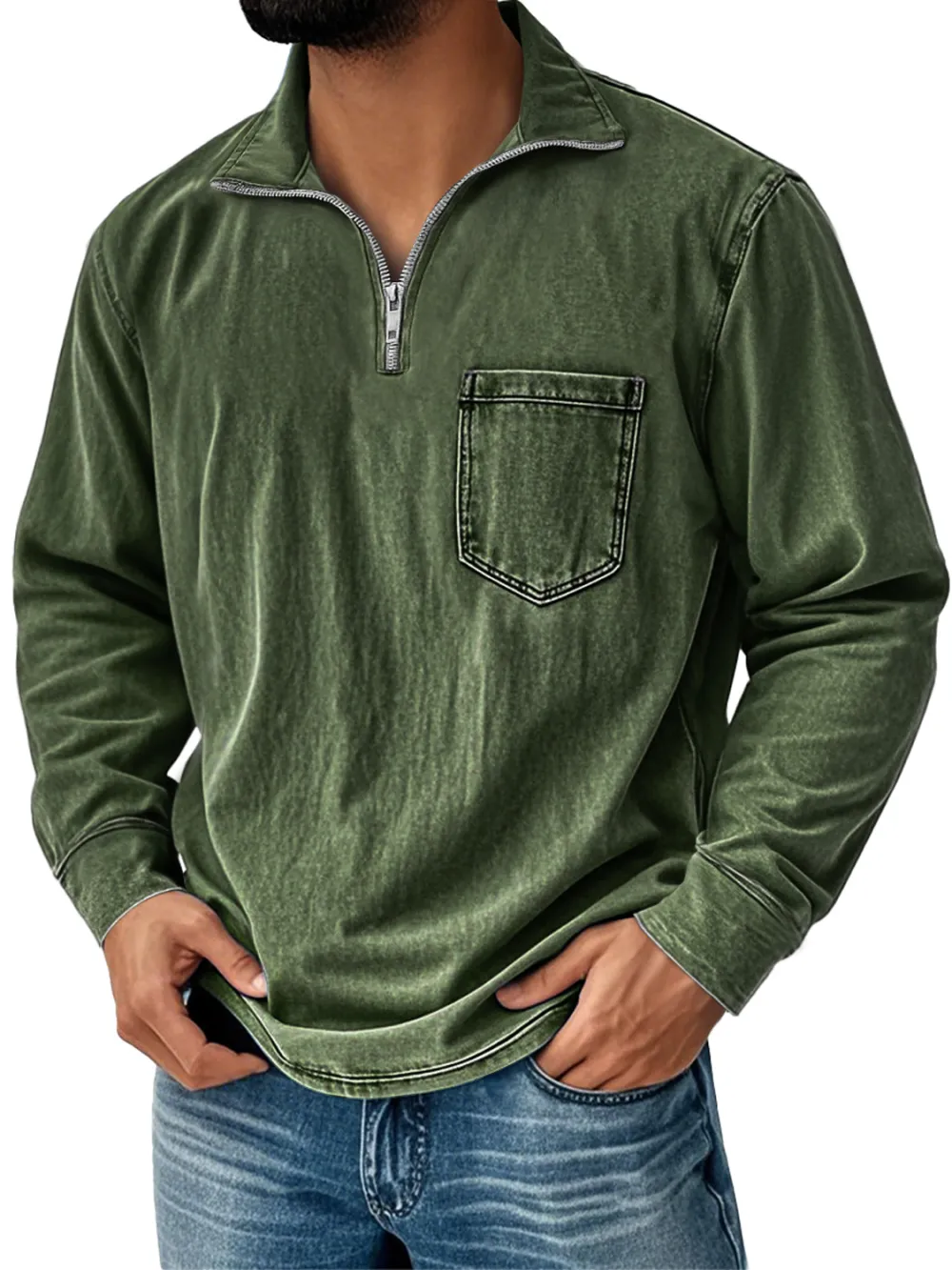 Garment Washed Zip Front Shirt