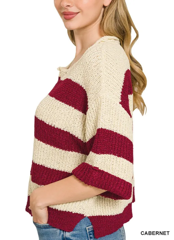 Split Neck Stripe Sweater