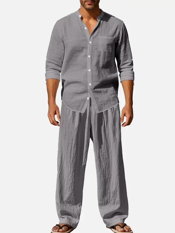 Linen Long Sleeve Elastic Waist Wide Leg Set Slow Living Linen Ensemble