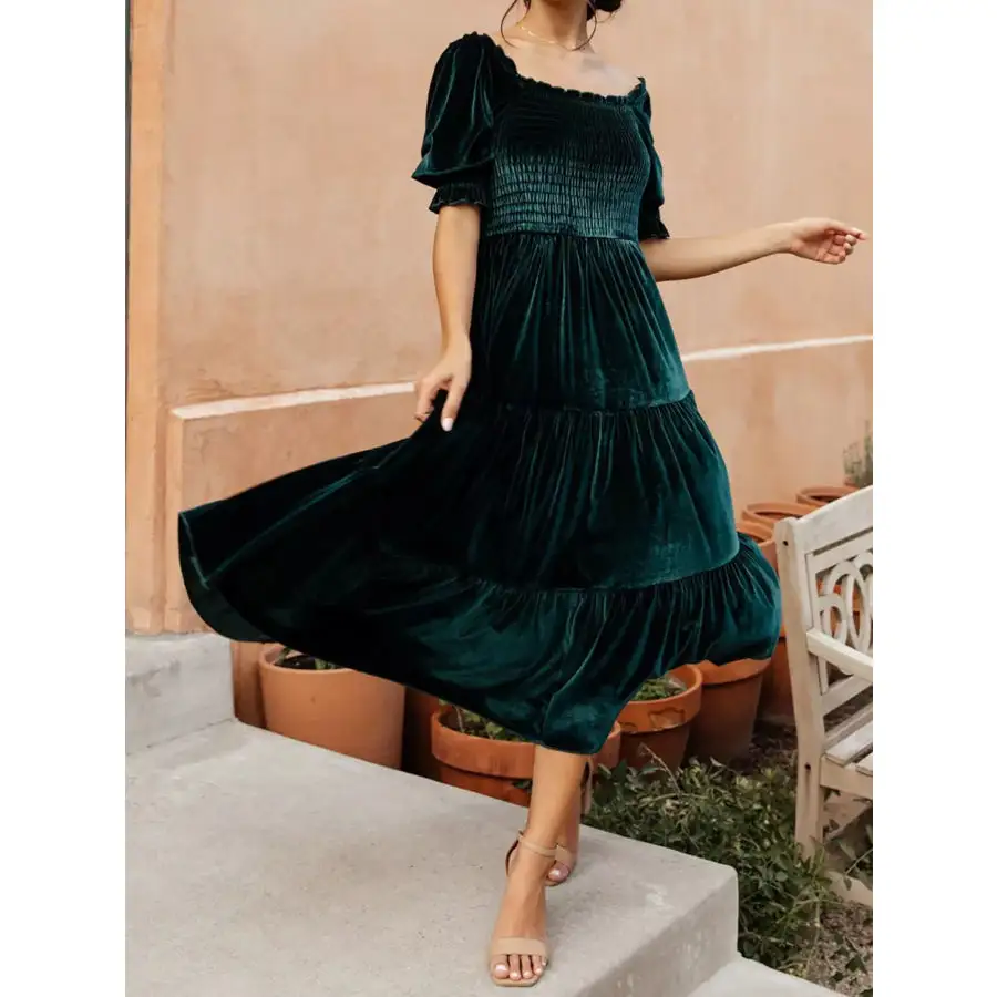 Velvet Smocked Tiered Midi Dress