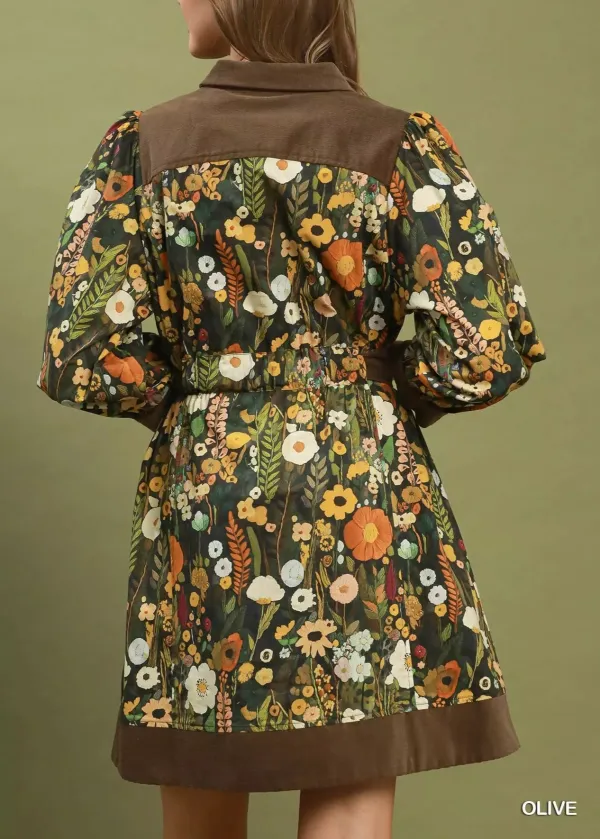 Floral Print Collared Puff Sleeve Belted Mini Dress