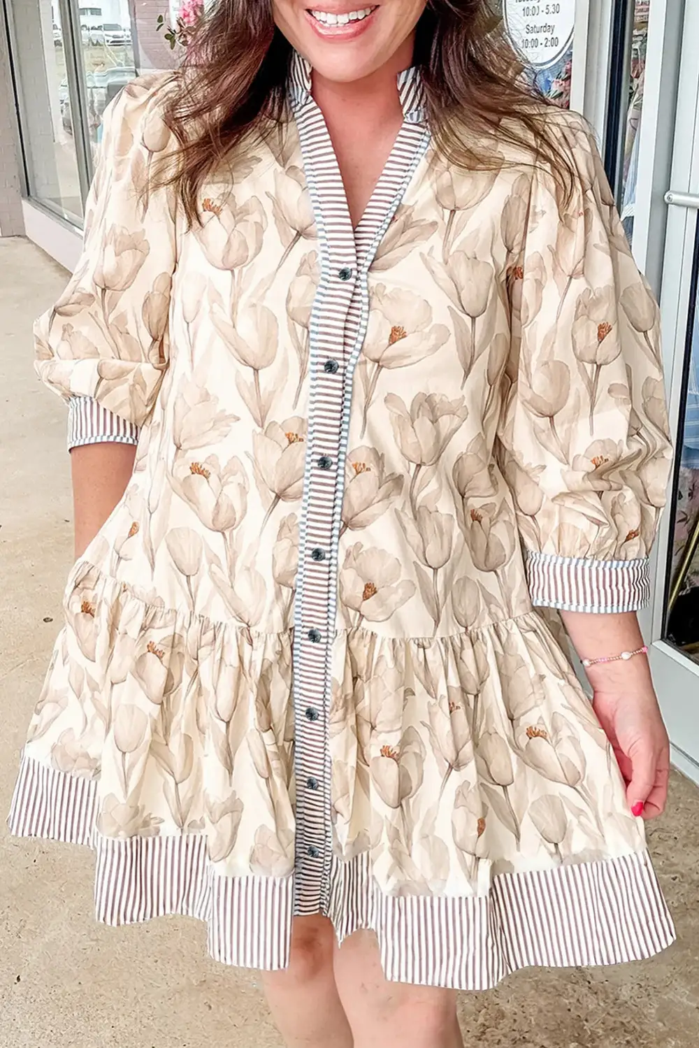 Lightweight Feel Floral Striped Button Front Dress
