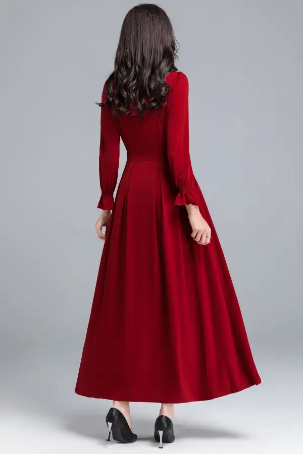 Polyester Fit And Flare A Line Long Sleeve Maxi Dress