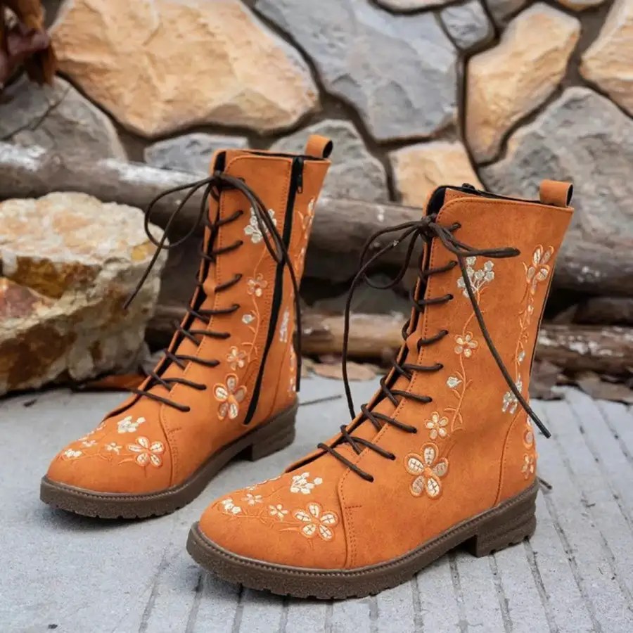 Textured Round Toe Block Heels Boots