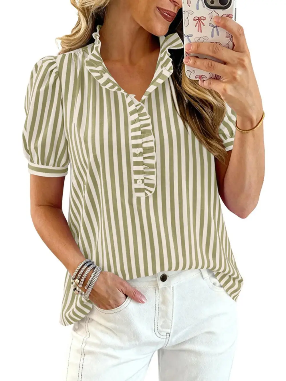 Frill Striped Puff Sleeve Buttoned Ruffled Blouse
