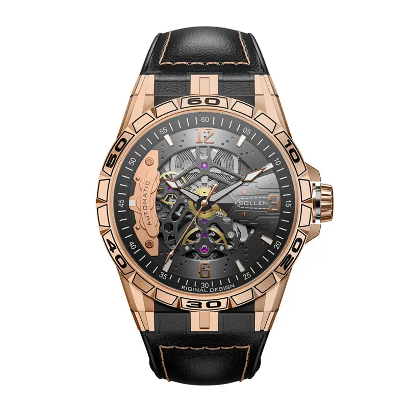Sollen SL357 Men's Skeleton Automatic Mechanical Watch - 43mm 316L Stainless Steel Case Sapphire Crystal Multi-Layer Dial Leather-Pattern Silicone Strap Wristwatch
