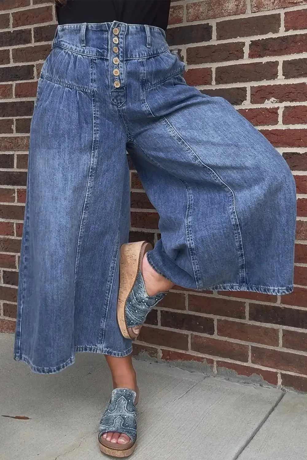 Women's High Rise Buttons Pleated Cropped Wide Leg Denim Pants