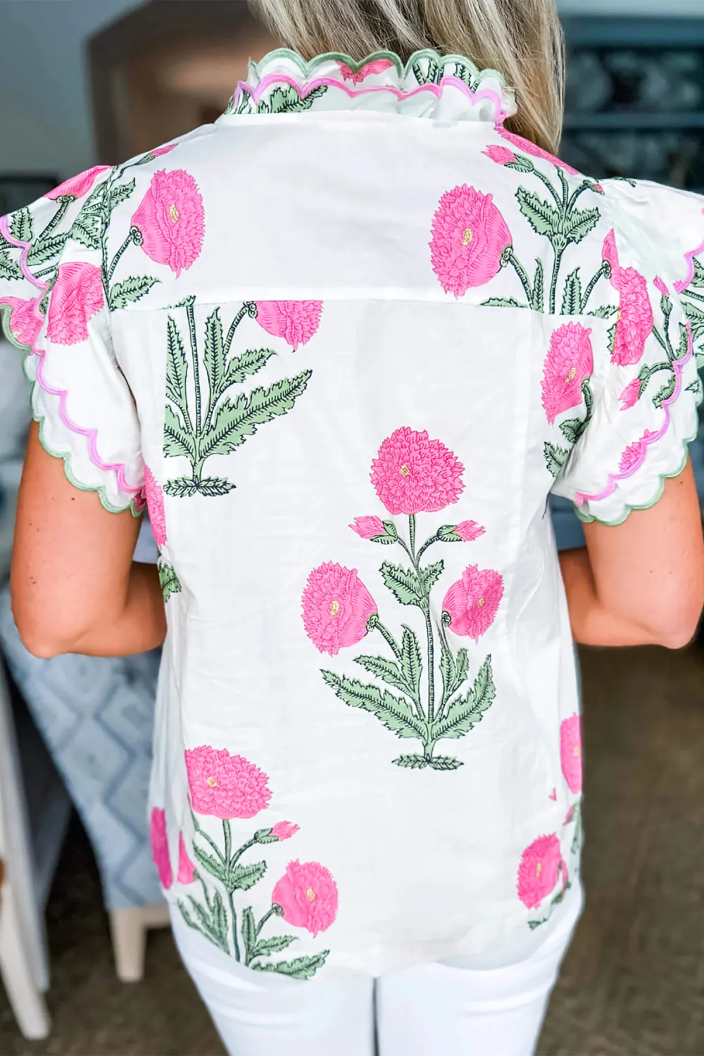 Pink Wild Flower Print Contrast Blouse