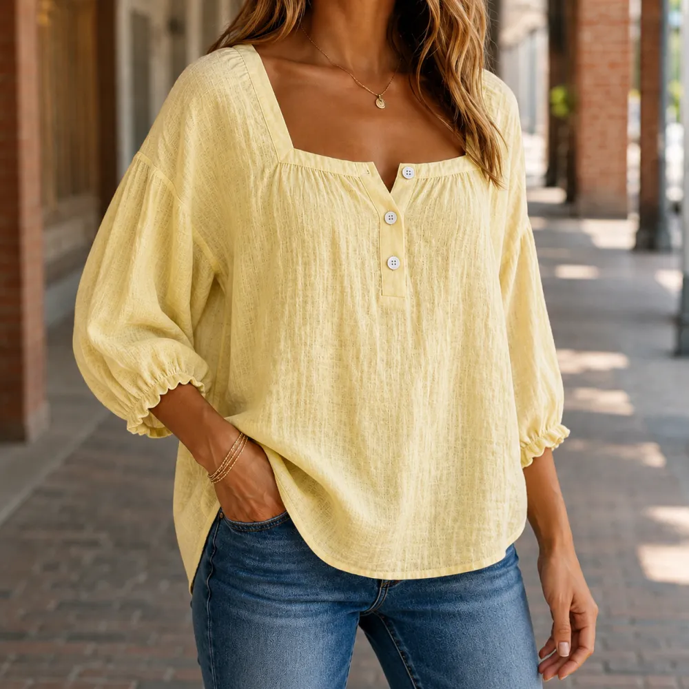 Square-Neck Cotton-Linen Blouse