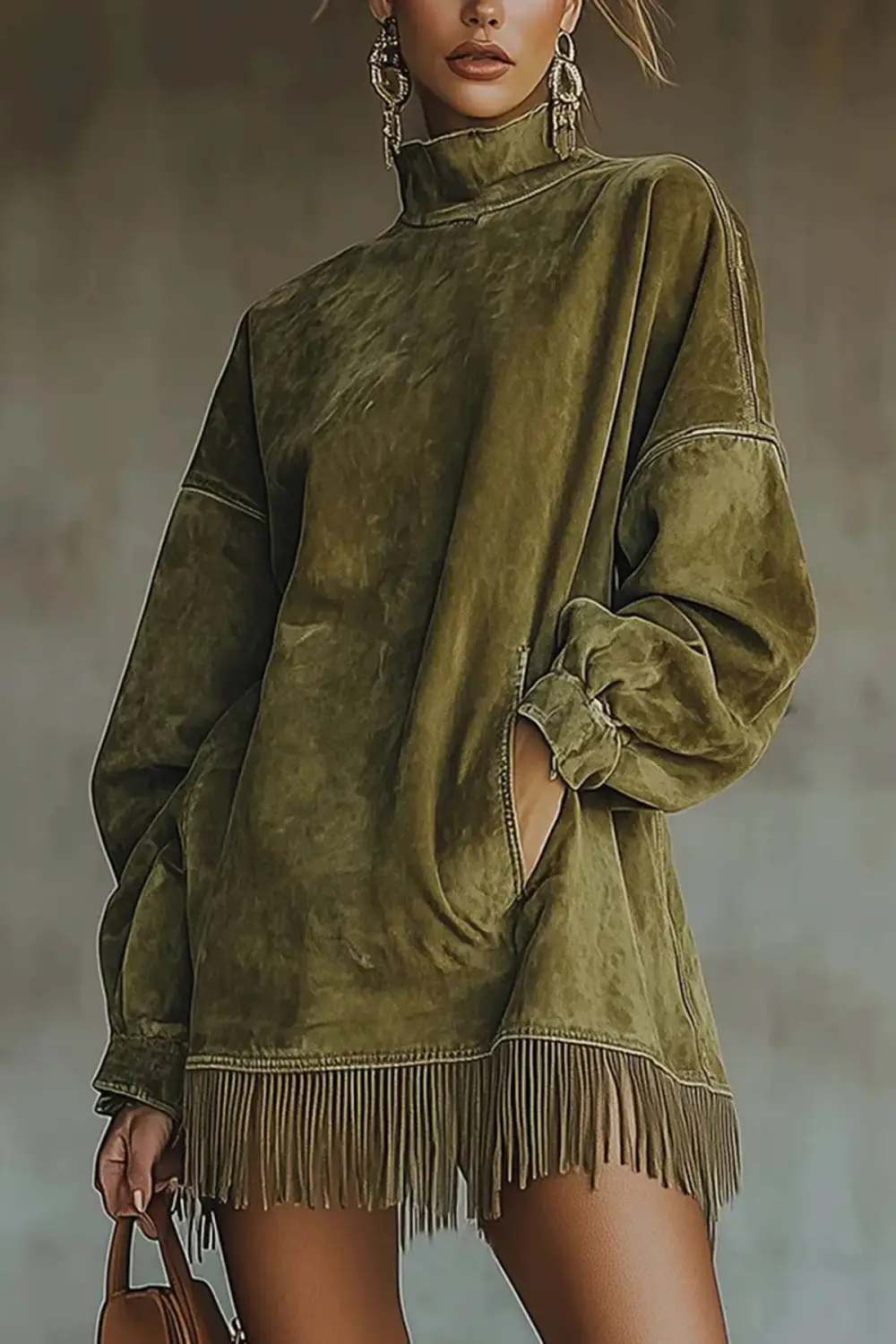 Tassel Patchwork High Neck Loose Mini Dress