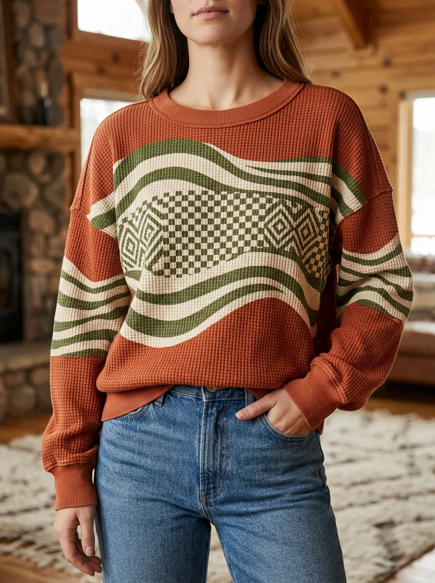 Women's Geometric Wavy Checkered Printed Waffle Knit Sweatshirt