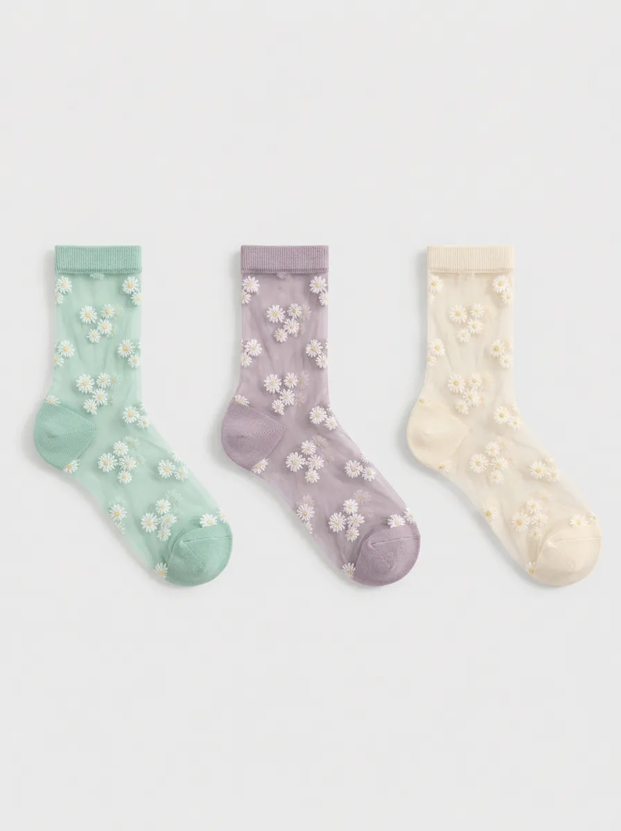 Women's Floral Daisy Pattern Sheer Printed Socks 3-Pack