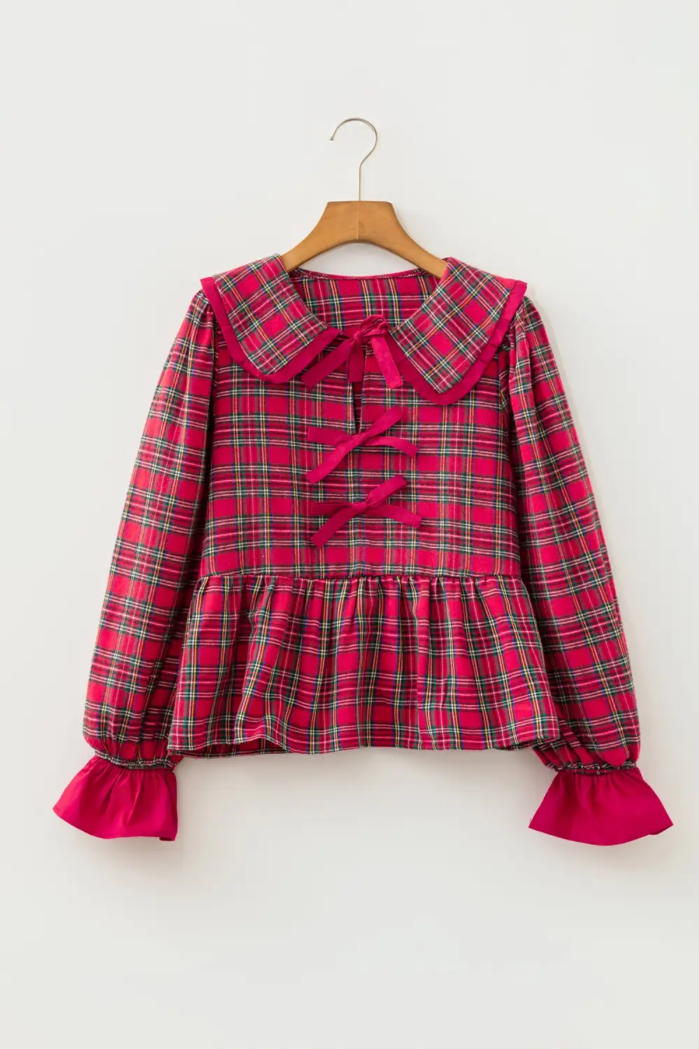 Women's Plaid Long Sleeve Tie Neck Top