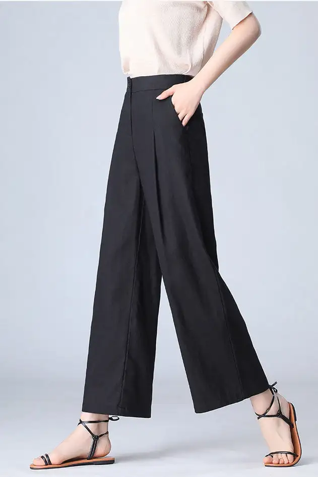 Textured Linen Wide Leg Elastic Waist Pocketed Trousers