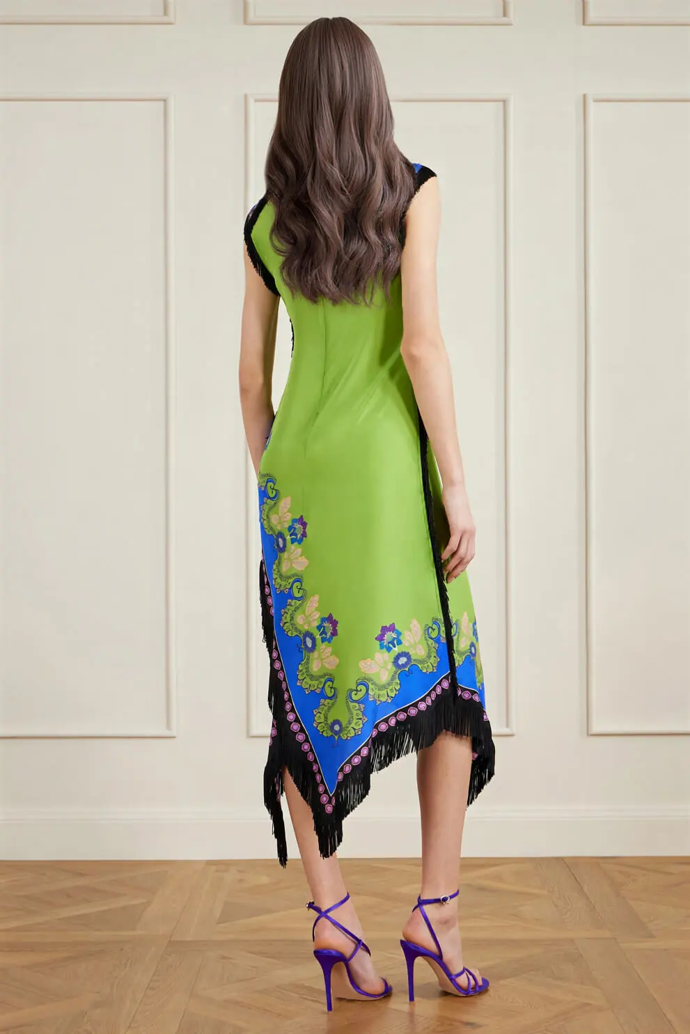Tassel Asymmetrical Print Satin Midi Dress
