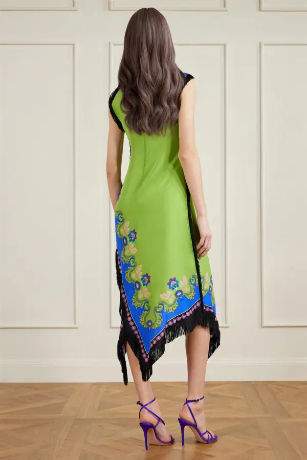 Tassel Asymmetrical Print Satin Midi Dress