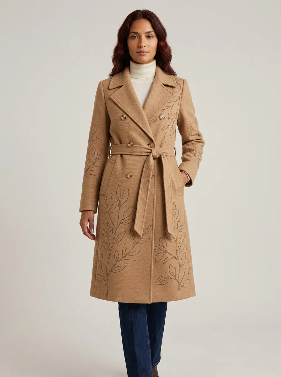 Women's Botanical Leaf Printed Trench Coat