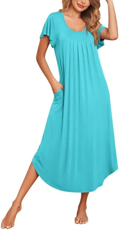 Ekouaer Long Nightgowns for Women with Pockets Short Sleeves House Dresses