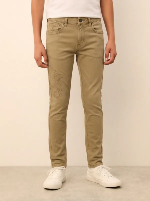 Men's Topographic Pattern Embroidered Stretch Jeans