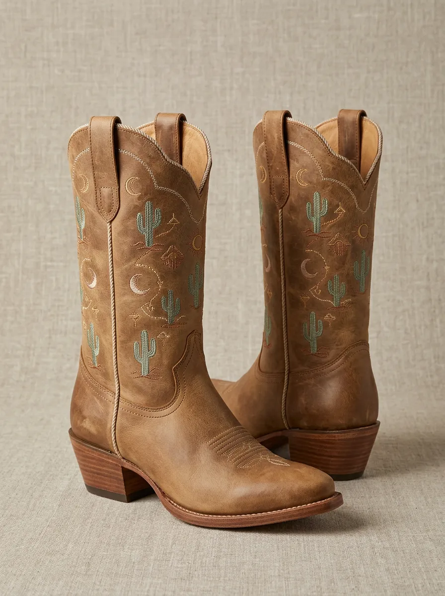 Desert Cactus Embroidered Finish Unisex Western Cowboy Boots