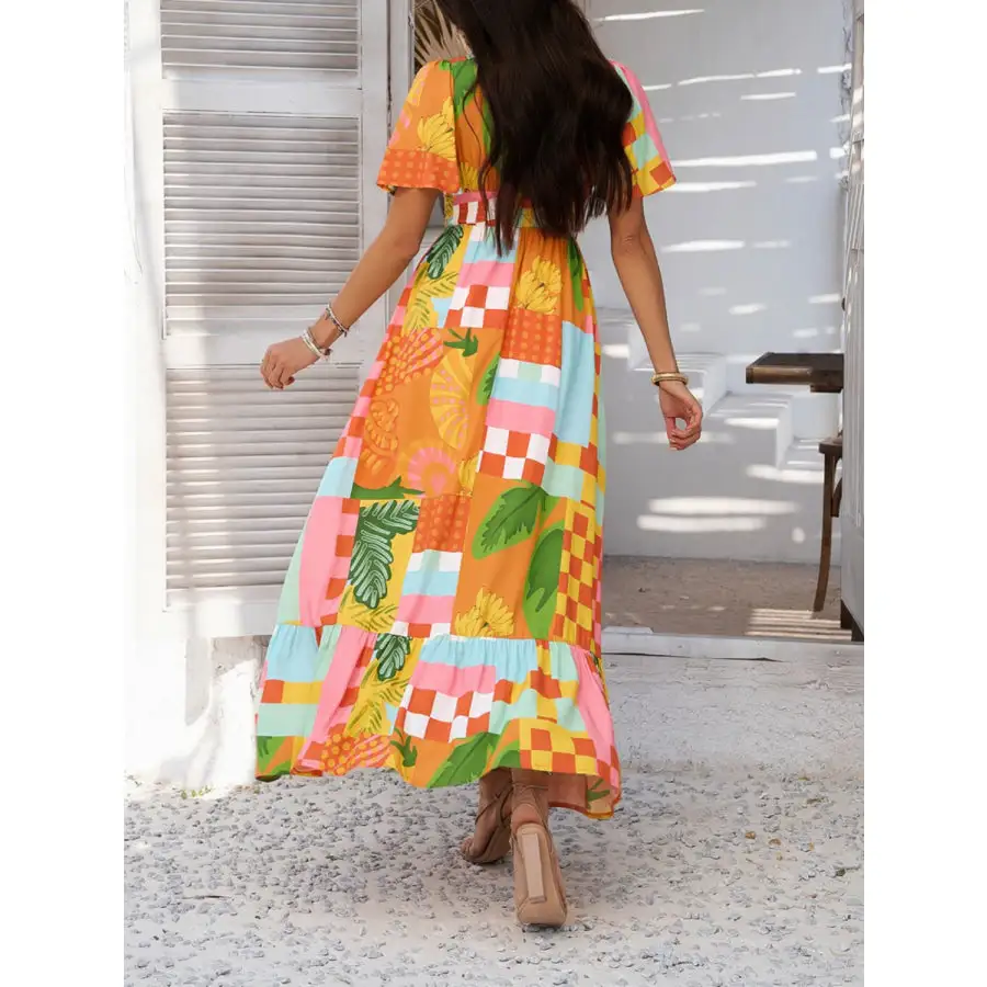 Smocked Printed V Neck Short Sleeve Maxi Dress