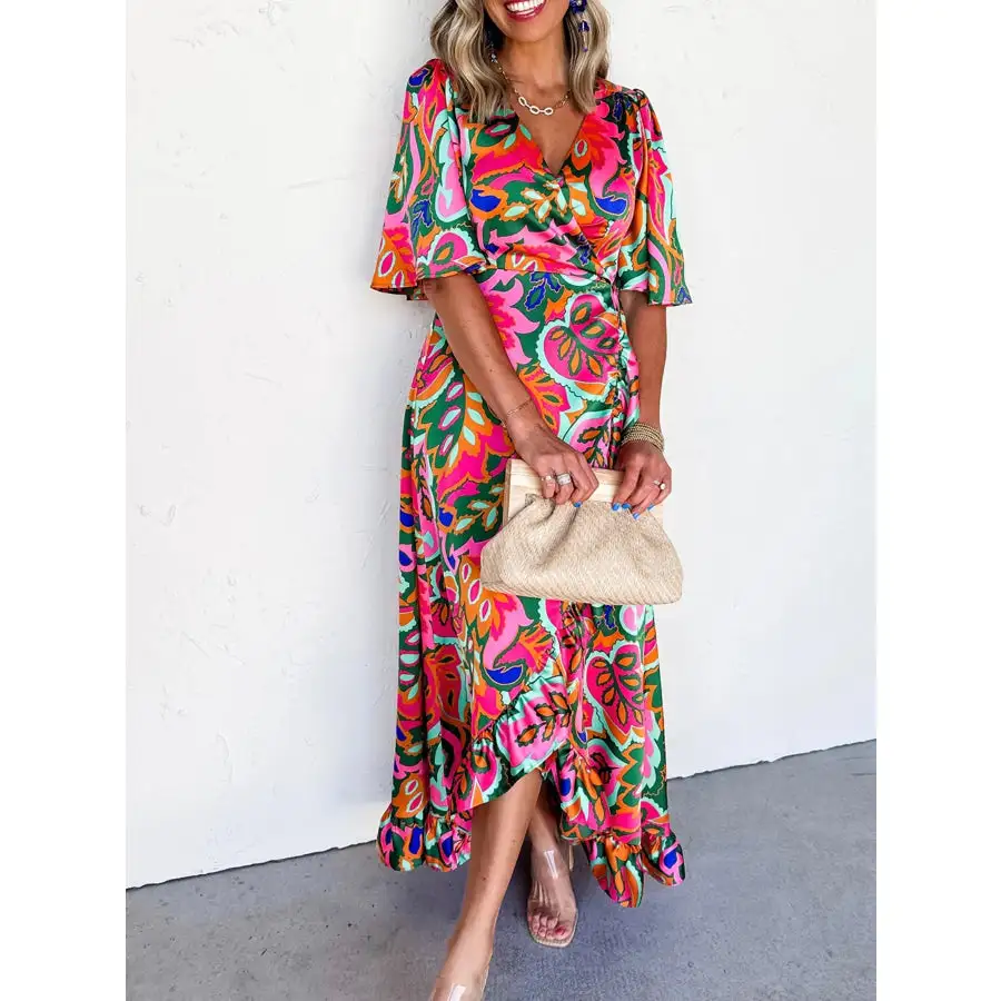 Floral Print Wrap Maxi Dress with Ruffle Details