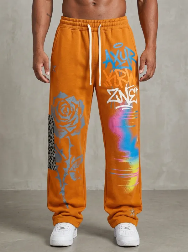 Unisex Streetwear Graffiti Rose Leopard Patch Sweatpants