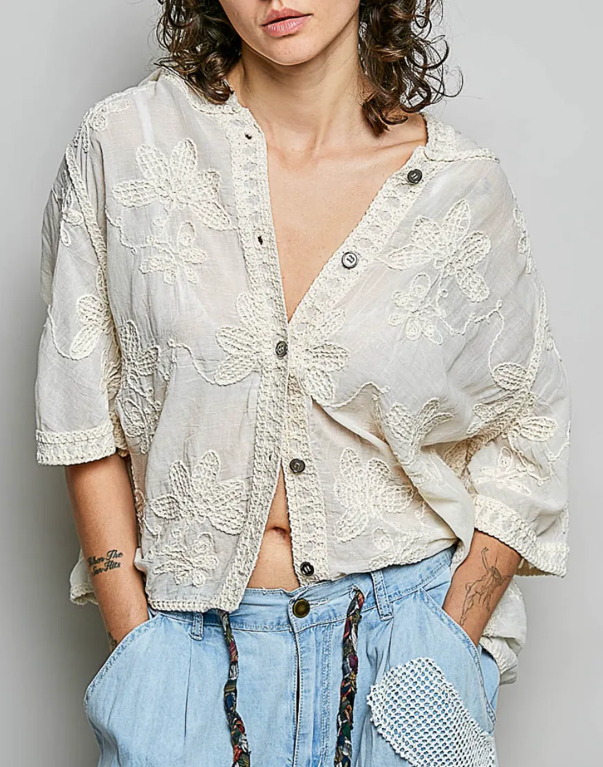 Floral Crochet Button Front Relaxed Blouse