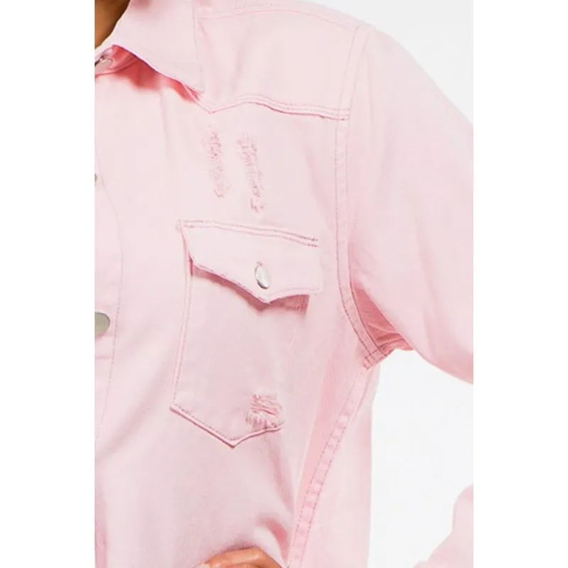Frayed Hem Distressed Denim Jacket
