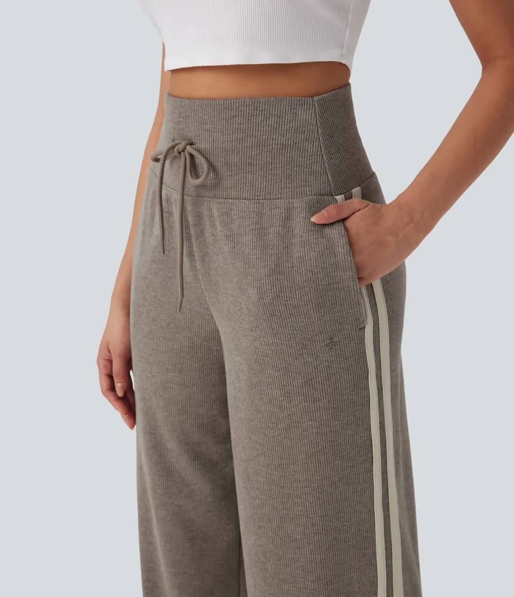2026🔥  Ribbed SoCinched High Waisted Tummy Control Drawstring Wide Leg Color Block Casual Trousers with Pockets