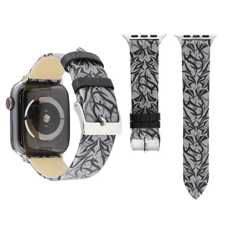 Thorns Printing Genuine Leather Watch Band for Watch Series 7 45 mm / 6 & SE & 5 & 4 44 mm / 3 & 2 & 1 42 mm - Black Grey