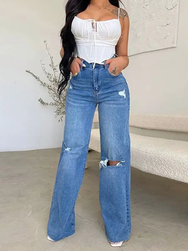 High-Waist Wide-Leg Ripped Pocketed Straight Leg Jeans