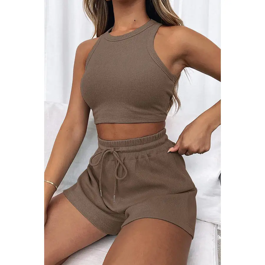Relaxed Round Neck Top and Drawstring Shorts Set