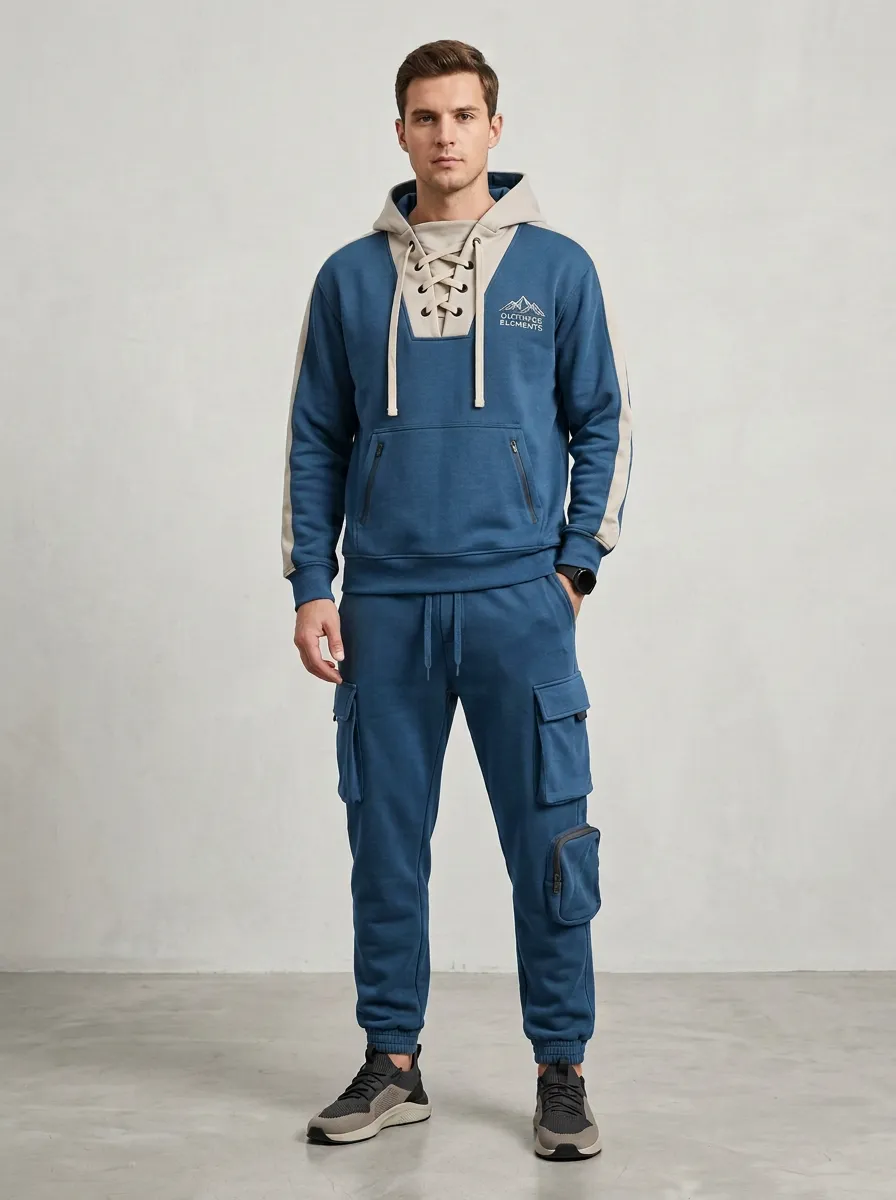 Trail-Inspired Lace-Up Mountain Graphic Detail Men's Lace Up Hoodie And Cargo Jogger Set