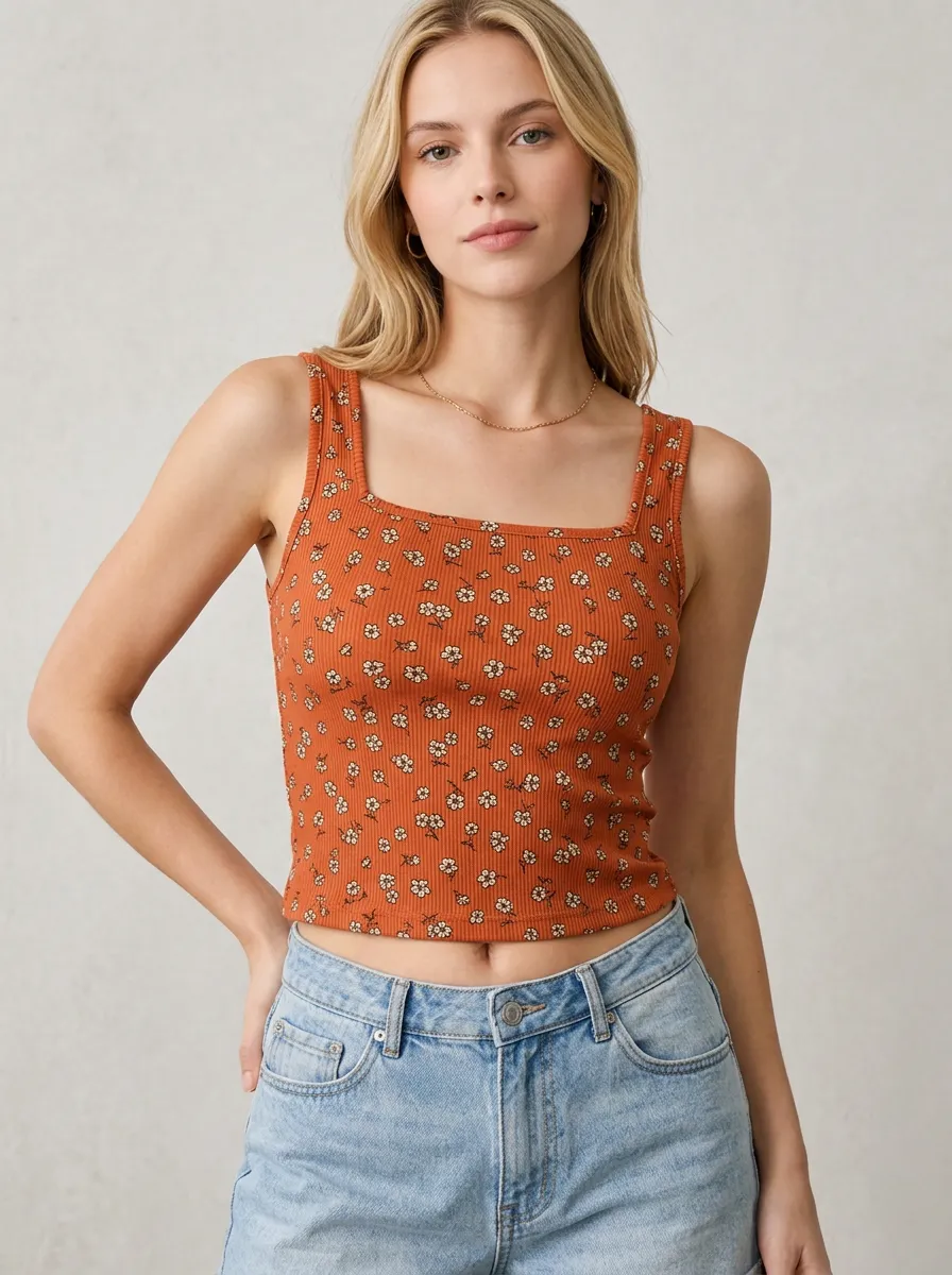 Women's Floral Lover Rust Orange Small Daisy Printed Ribbed Tank Top