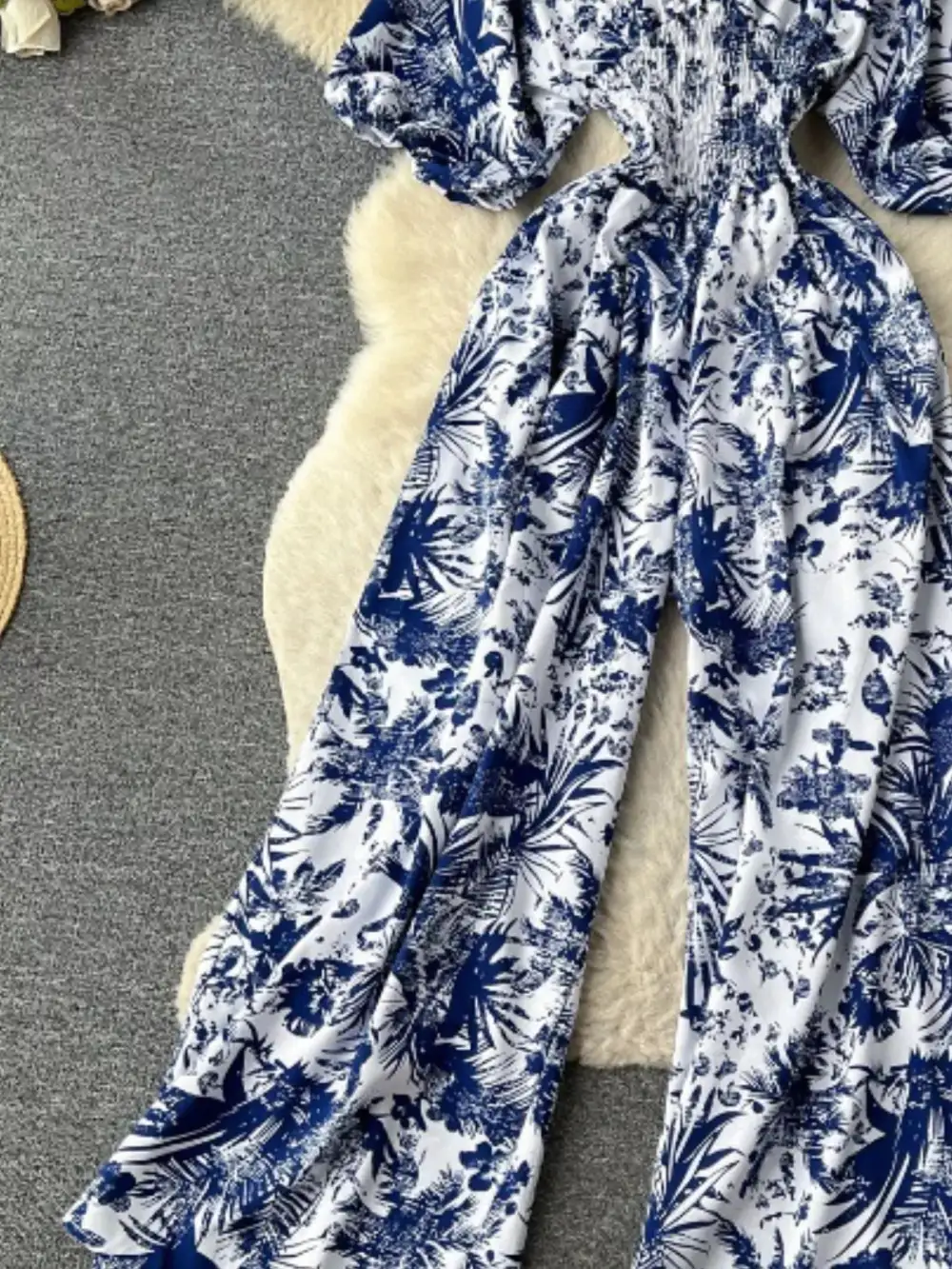 Smocked V Neck Wide Leg Jumpsuit