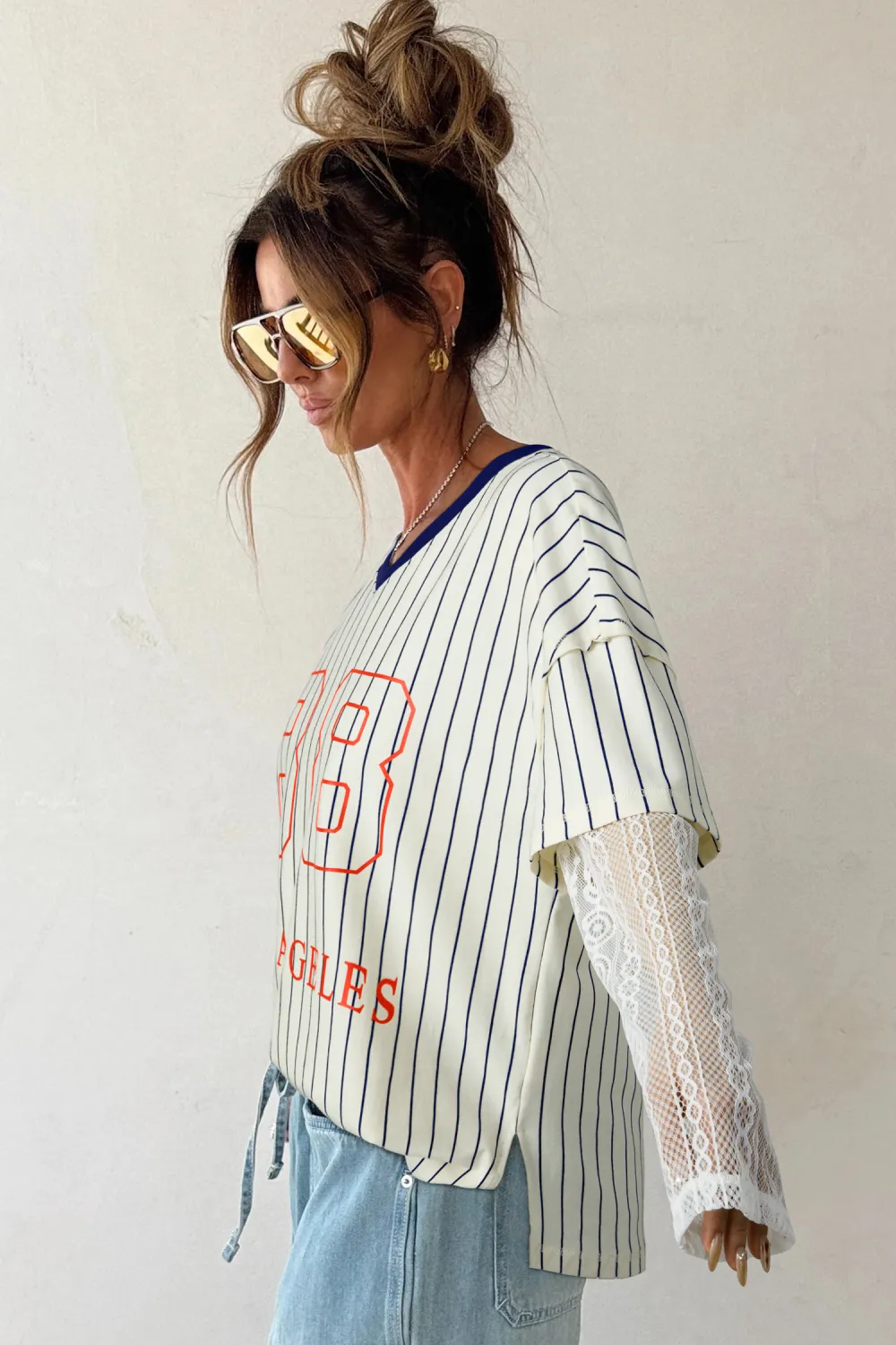 Blue Stripe Angel Graphic Lace Top